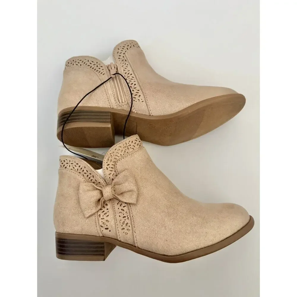 SO Alexa Taupe Tan Sparkle Cut Out Bow Faux Suede Girls Ankle Boots Shoes Size 3
